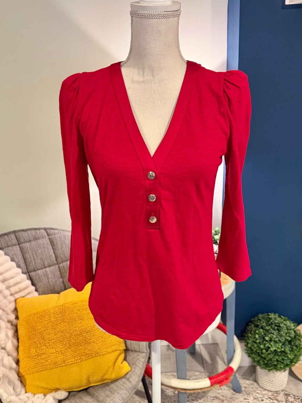 WHBM Red Gold Button Puff Sleeve Top XS